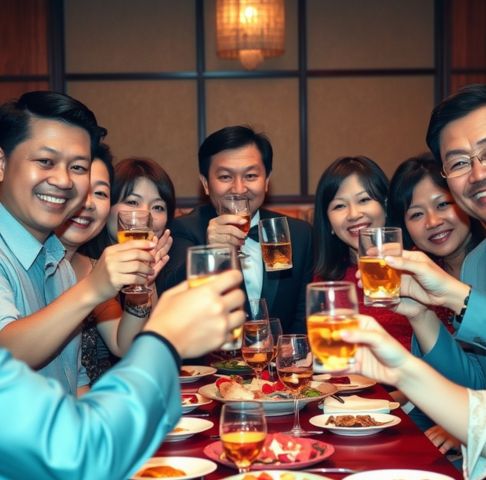 Guests raising glasses in a toast during a wedding banquet in Singapore.